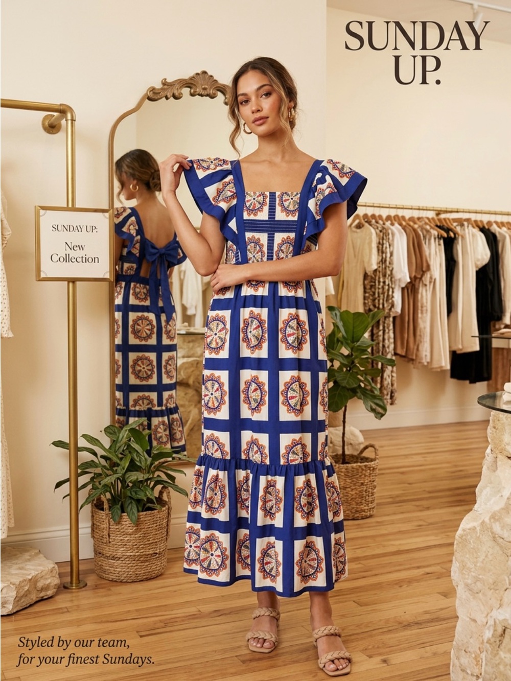 NWT ~ Sunday Up Blue and Cream Printed Midi Dress W/Ruffle Sleeves ~ Size Large